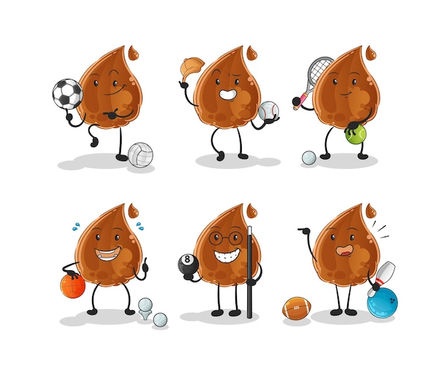 Schokoladentropfen-sport-set-charakter. cartoon-maskottchen-vektor