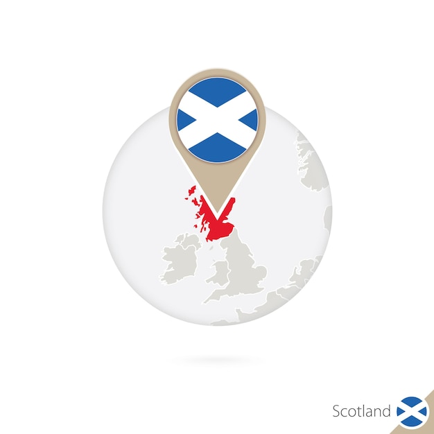 Schottland-karte und flagge im kreis. karte von schottland, schottland-flaggenstift. karte von schottland im stil der welt. vektor-illustration.