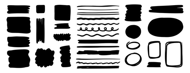 Schräge und von Hand gezeichnete Rechteck-Grunge-Pinsel-Textur-Set-Linie-Knopf- und Kreisrahmen-Runde-Skizze-Banner und -Ränder