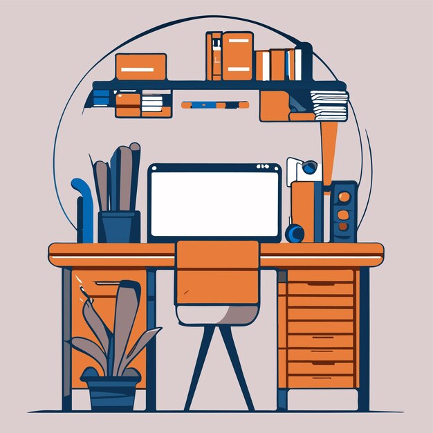 Schrank mit computer und hängenden pflanzen, stift und büchern, handgezeichnetes konzept, isolierte illustration