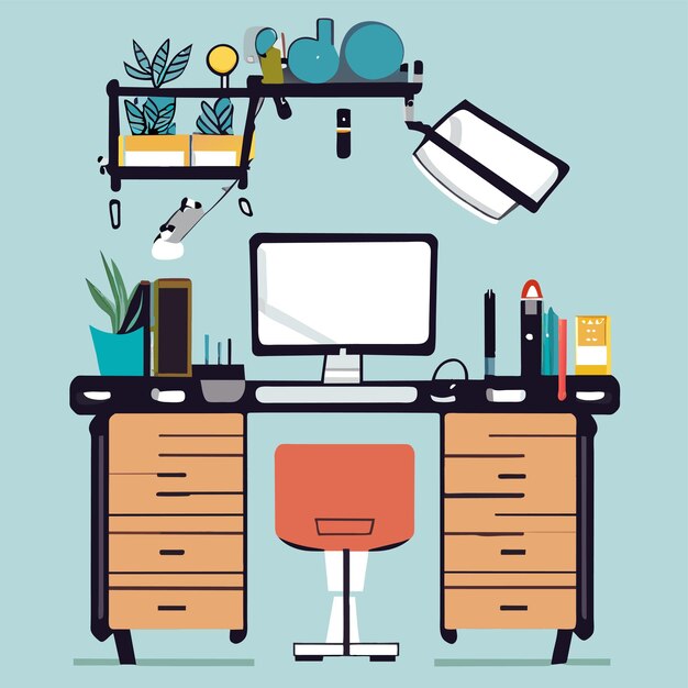 Schrank mit computer und hängenden pflanzen, stift und büchern, handgezeichnetes konzept, isolierte illustration