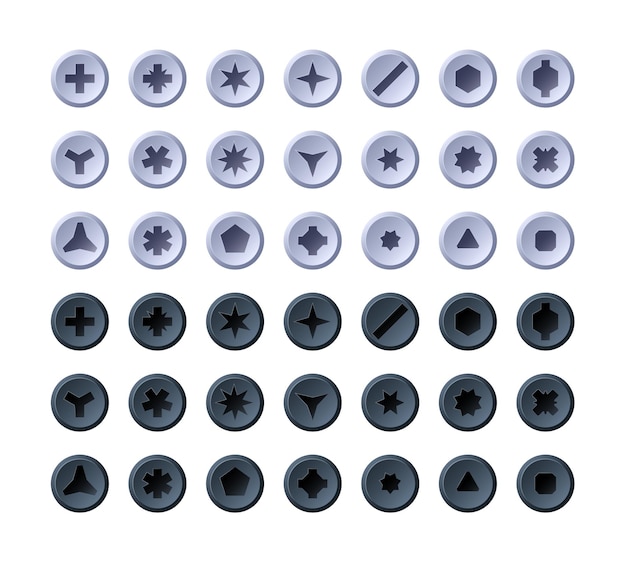 Vektor schraubenköpfe cartoon runde und sechseckige schraubenbolzenkappen draufsicht bohrer bauwerkzeuge mechaniker werkstatt hardware geräte vektor isolierter satz