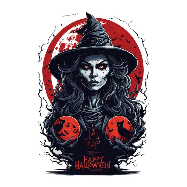 Schreckliche Halloween-Hexe voller roter Mond Vektorillustration für T-Shirt-Design-Aufkleber