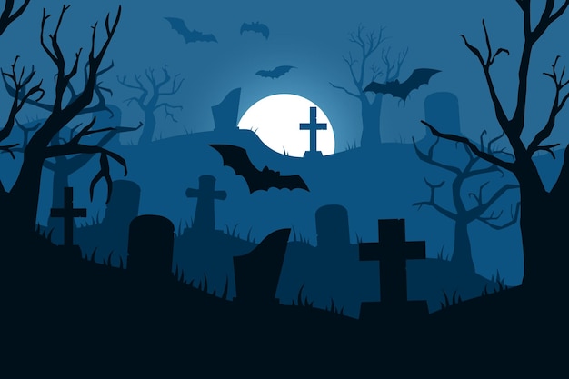 Schrecklicher Hintergrund Friedhof Halloween Nacht Comic und gruselige Hügel mit Kürbissen Beängstigende Landschaft Friedhof Grabsteine Fliegende Fledermäuse Baum Silhouetten Vektor Cartoon schriller Illustration