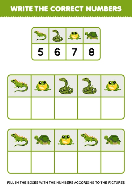 Schreiben sie die richtigen zahlen in das feld nach dem niedlichen grünen tier auf dem tisch haustier arbeitsblatt