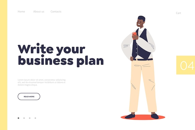 Schreiben Sie ein Businessplan-Konzept der Zielseite mit einem jungen afroamerikanischen Geschäftsmann, der ein Smartphone hält