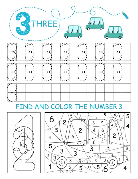 Schreiben sie zahlen 3. arbeitsblatt mit drei spuren mit autos für jungen. vorschularbeitsblatt, motorik üben - gestrichelte linien zeichnen.