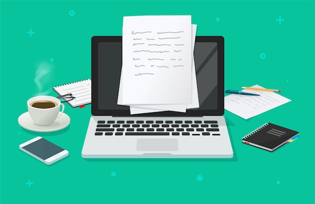 Schreiben von Textinhalten, die einen Vektor auf dem Schreibtisch des Bildungsarbeitsplatzes online über einen Computer-Laptop erstellen, Erstellen eines Aufsatzdokuments, einer Illustration eines Journalistenarbeitsplatzes, eines Autoren- oder Herausgeber-Desktops mit Brillenbild