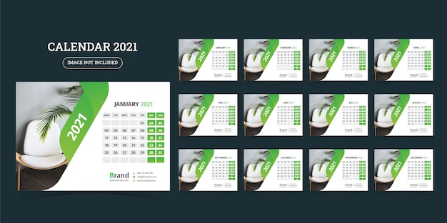 Schreibtisch kalender design 2021 vorlage set von 12 monaten, woche beginnt montag,