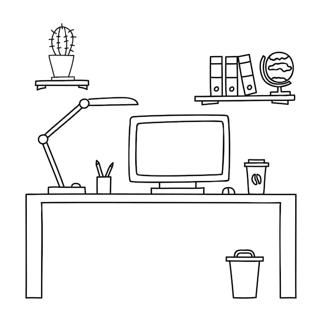 Schreibtisch mit einem computer oder arbeitsplatz im büro von hand gezeichnet doodle-stil vektor-illustration