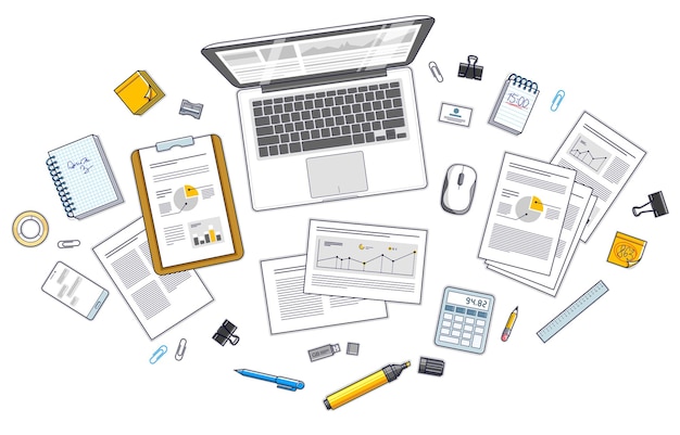 Schreibtischarbeitsplatz für Büroangestellte oder Unternehmer mit PC-Notebook und Analysepapieren mit Grafiken und Daten und Schreibwaren auf dem Tisch. Alle Elemente sind einfach separat zu verwenden. Vektor.