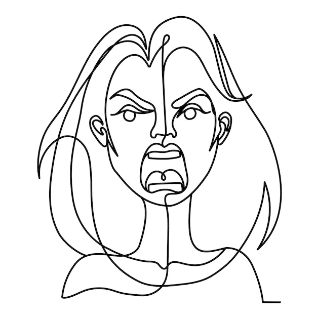 Schreiende frau one line art portrait. unglücklicher weiblicher gesichtsausdruck. hand gezeichnete lineare frau silhouette.