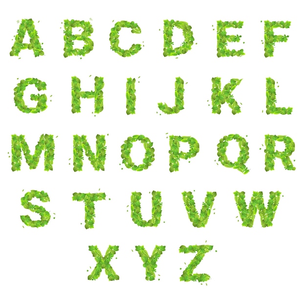 Schriftart mit grünen frischen Blättern Blumenalphabetbuchstaben setzen Vektordesign