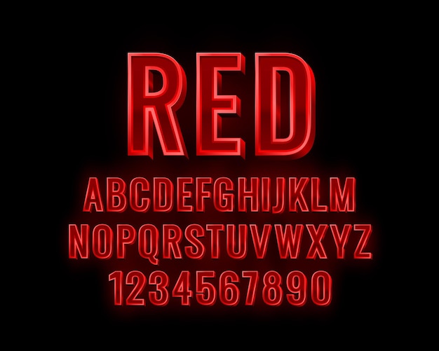 Schriftart rotes Symbol, 3D-Buchstaben und Zahlen. Vektor-Illustration