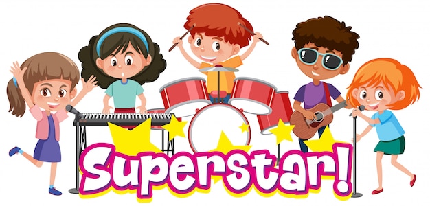 Vektor schriftdesign-vorlage für wort-superstar mit kindern, die in band spielen