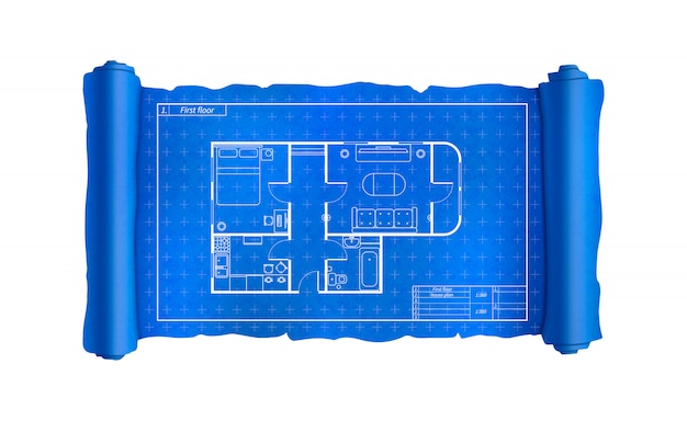 Schriftrolle mit hausplan mit möbeln, blaupause auf weiß