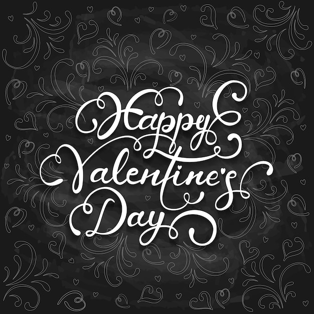 Schriftzug happy valentines day mit herzen und dekorativen elementen in weißer kreide auf einer schwarzen tafel, urlaubsgrüße, illustration.