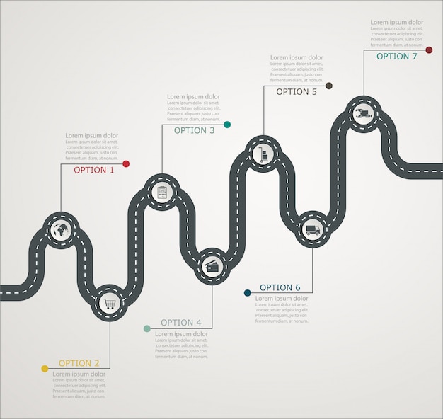 Schrittweise struktur der infographic zeitachse der straße mit ikonen, unternehmensdienstleistung, einkaufen, netzlieferung