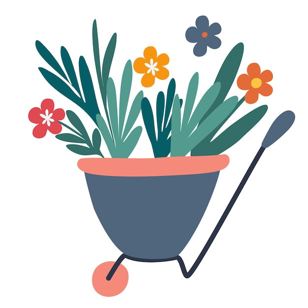 Vektor schubkarre mit blumen. gartenarbeit. für blumen und pflanzen. ausrüstung für gartengeräte. hand zeichnen vektor-cartoon-illustration