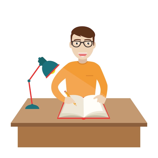 Schüler, der am Tisch sitzt und zu Hause Hausarbeit tut