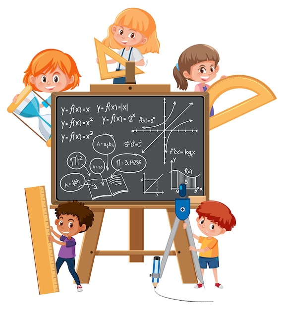 Schüler, der mathematische Werkzeuge und mathematische Formeln an der Tafel hält