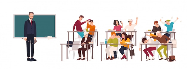 Vektor schüler sitzen an schreibtischen im klassenzimmer und demonstrieren schlechtes benehmen - kämpfen, essen, schlafen, während des unterrichts auf dem smartphone im internet surfen und lehrer schauen sie an. flache illustration.