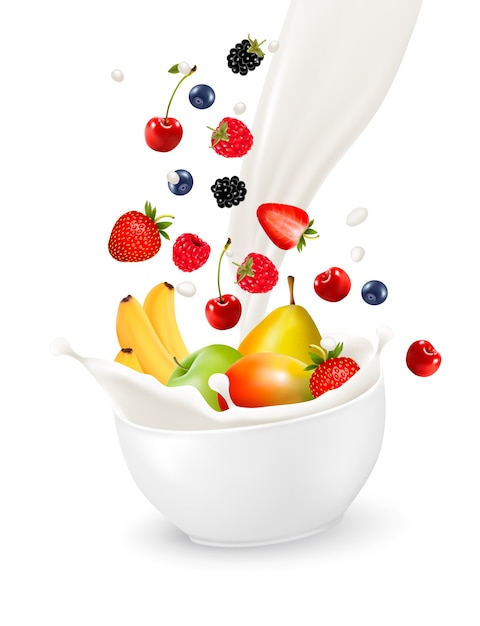 Schüssel mit gesundem Obst und Spritzmilch. Illustration.