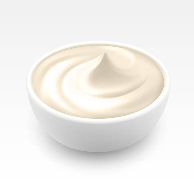 Vektor schüssel saure sahnesauce mayonnaise auf hintergrund