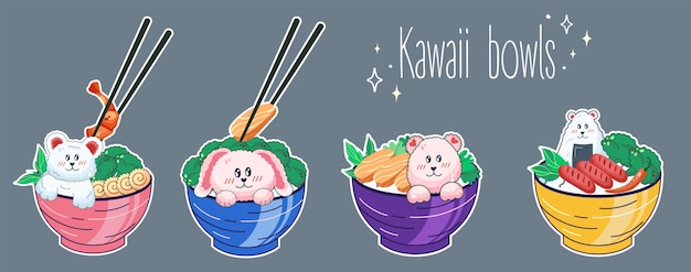 Schüsseln im kawaii-stil. niedliche, farbenfrohe illustrationen, japanisches essen, anime-vektor