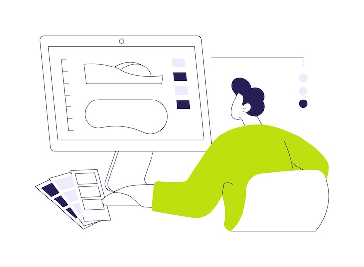 Vektor schuhdesign abstraktes konzept vektorillustration schuhmacher mit computer beschäftigt sich mit schuhdesign