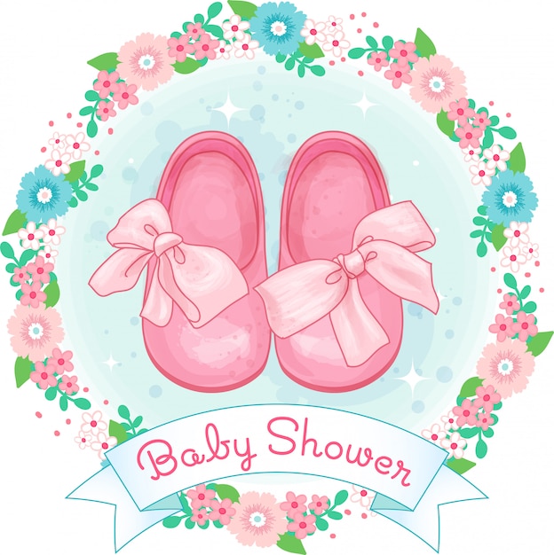 Schuhe des kleinen mädchens, babyparty mit bogen und blumenkranz