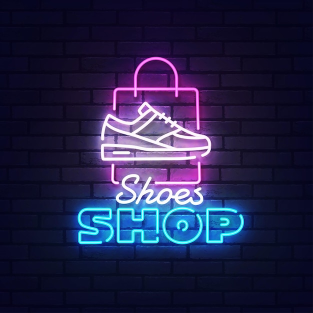 Schuhe shop leuchtreklame helles schild lichtbanner schuhe shop label neon emblem vektor-illustration