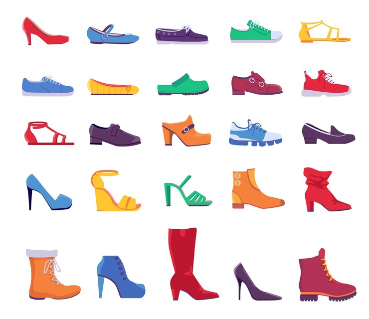Vektor schuhe und stiefel. sommer- und herbstmodeschuhe für mann oder frau. lässiger und formeller lederschuh, turnschuhe und pumps, flaches vektorset. illustration cartoon turnschuhe und frauentrainer