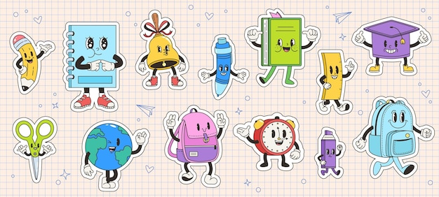 Schul-Aufkleber Groovy-Stil Funky-Retro-Charaktere emotionale Kinder Maskottchen Schreibwaren Globusglocke glücklicher Bleistift und Alarm gemütliche Vektorkollektion