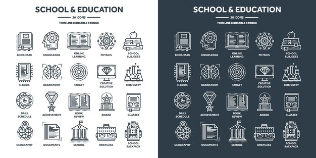 Schulbildung, Universitätsstudien, Studiengang, Lernen und Bildungsprozess, Online-Unterricht, E-Lernen mit Video-Tutorials, Wissenserwerb, Dünnlinien-Web-Ikonen-Set, Vektorillustration