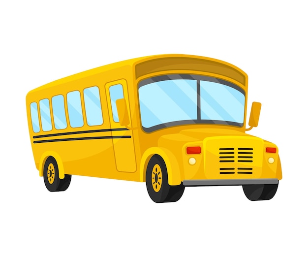 Schulbus der gelben Farbe klassisches Design der Eckprojektion mit schwarzen Linien auf der Tafel gewölbte gekrümmte Topline und rote Scheinwerfer Cartoon-Illustration isoliert auf weißem Hintergrund