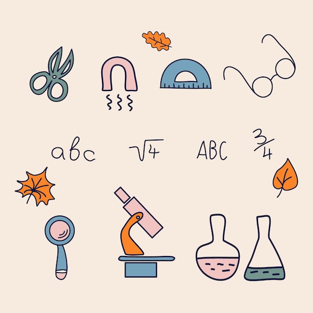 Schulcliparts vektor-doodle-schulsymbole und -symbole handgezeichnete lernobjekte