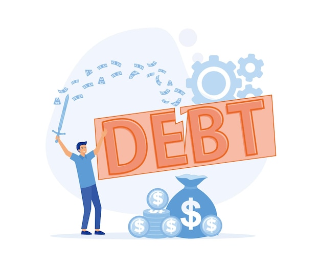 Vektor schulden abbauen geschäftsmann schneidet das wort schulden mit einem schwert ab geld fliegt herum