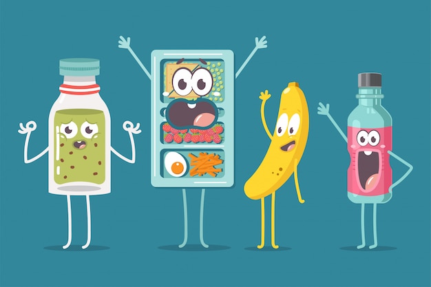 Schule lunchbox, smoothie, wasserflasche und banane charakter vektor cartoon illustration isoliert.