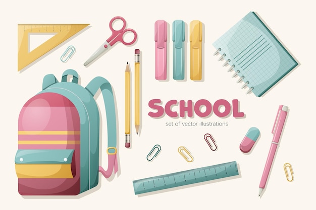 Schulelemente für Mädchen Schulrucksack und Schreibwaren in den leuchtenden Farben Rosa, Grün und Gelb