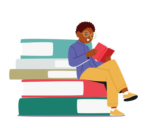 Schuljunge Schüler bereiten sich auf die Prüfung vor Schuljunge sitzt auf einem Stapel von Lehrbüchern Lesebuch Kind Charakter Schulbildung