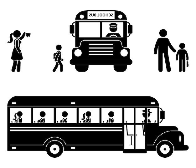 Schulkinder sitzen im bus strichmännchen-symbol „zurück zur schule“.