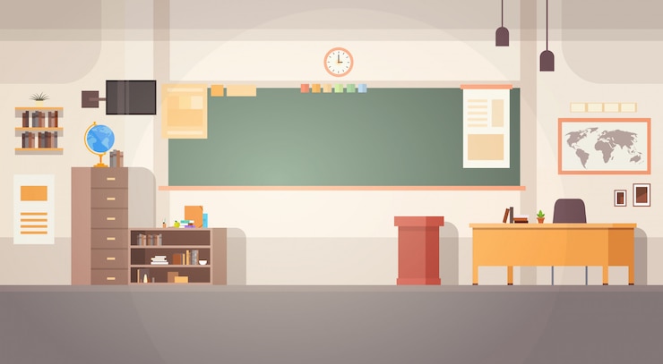 Vektor schulklassenzimmer-innenbrett-schreibtisch-fahne