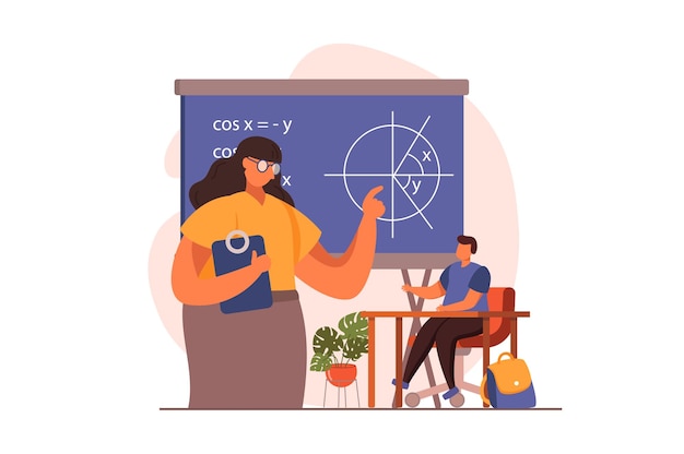 Schullehrer-Webkonzept in flachem Design Frau Tutor zeigt auf die Tafel und erklärt Mathematik