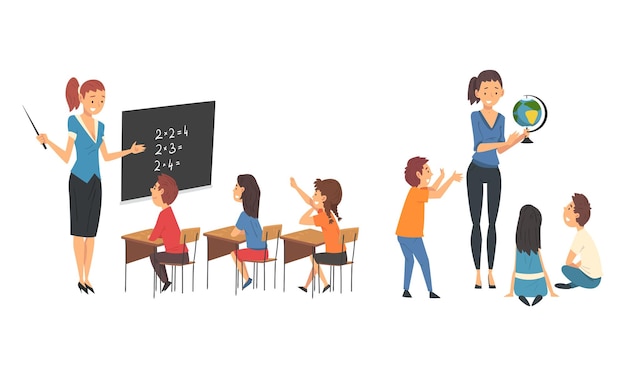 Schullehrerin unterrichtet Schüler im Unterricht und Kinder sitzen und hören Vektorsatz