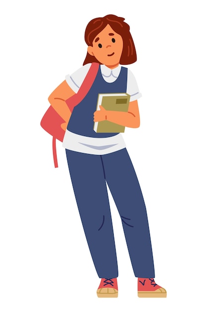 Schulmädchen in Uniform mit Rucksack und Lehrbuch