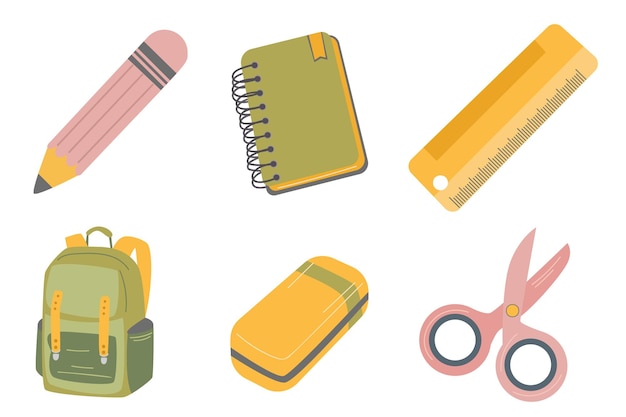 Schulmaterialien Bleistift, Notizbuch, Lineal, Radiergummi, Rucksack, Schere