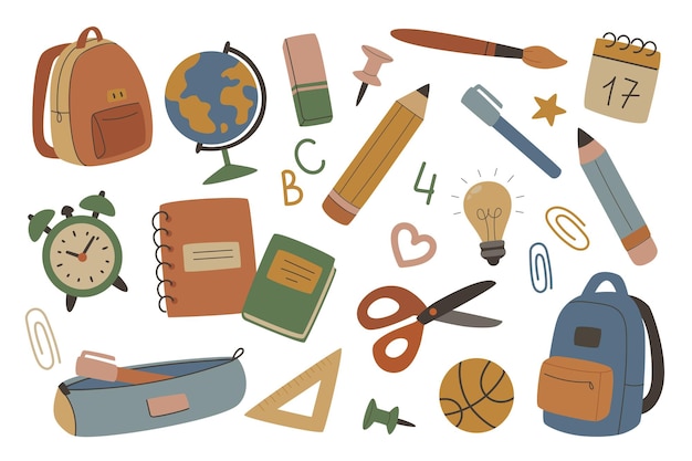 Schulpapier-Set in flachem grafischem Design Sammlung isolierter Elemente von Rucksäcken Globus Radiergummi Stift Bleistift Stift Pinsel Pinsel Kalender Wecker Uhr Buch Notizbuch andere Vektor-Illustration