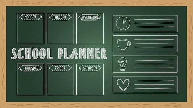 Schulplaner an bord. doodle to do liste, kreidezeichnung studentenwochentagebuch vektorvorlage. seite leerer kalender, wöchentliche organisatorillustration der schülertafel