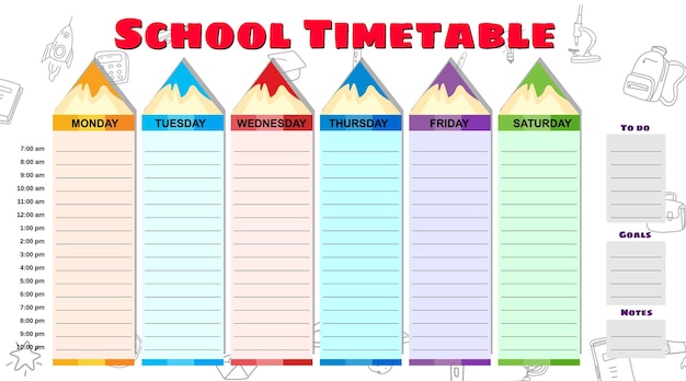 Vektor schulstundenplan wöchentliche handgezeichnete skizzensymbole von schulbedarfstiften